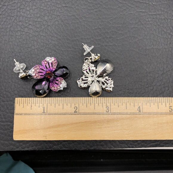 Rhinestone Flower Earrings Purple Crystal Silver Tone Statement Bridal Prom Stud - Picture 4 of 7